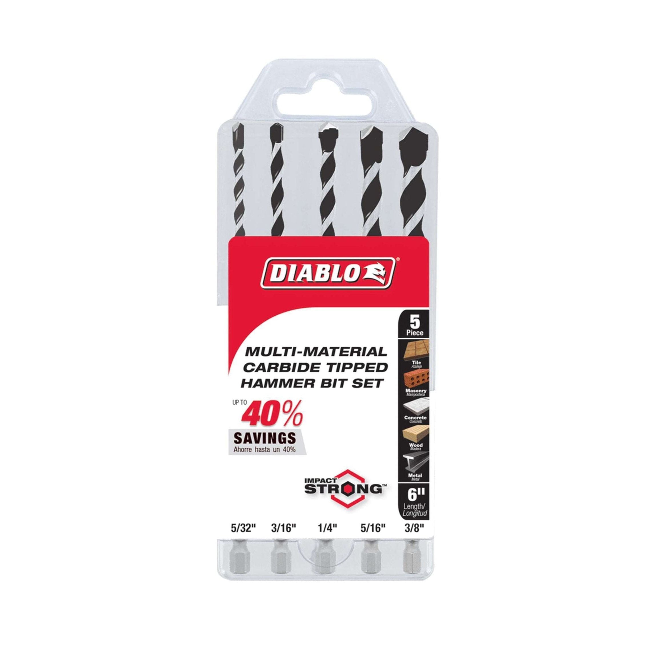 Image of the Diablo DMAMM1190-S5 5-piece Multi-Material Carbide-Tipped Hammer Drill Bit Set in a clear case with a red label. This impact-resistant set includes bits (5/32, 3/16, 1/4, 5/16, and 3/8) and highlights 40% savings.